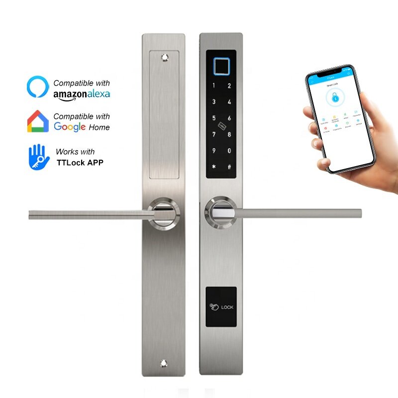 TTlock kunci pintu gaya Eropa, kunci pintu pintar elektronik sidik jari gigi biru tahan air untuk pintu kaca aluminium