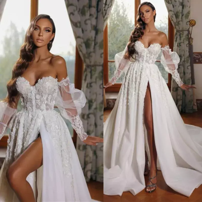 Gaun pengantin ukuran besar baru 2024 seksi elegan gaun ilusi mutiara lengan panjang transparan gaun pernikahan kustom leher