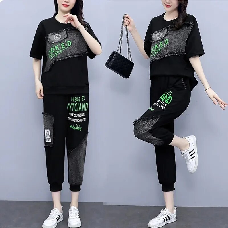 2024 Summer Letter Fashion Suit Women Large Size  New Two-Piece Cotton Fat Set Female Splicing 2PCS High Quality Trend Outfit