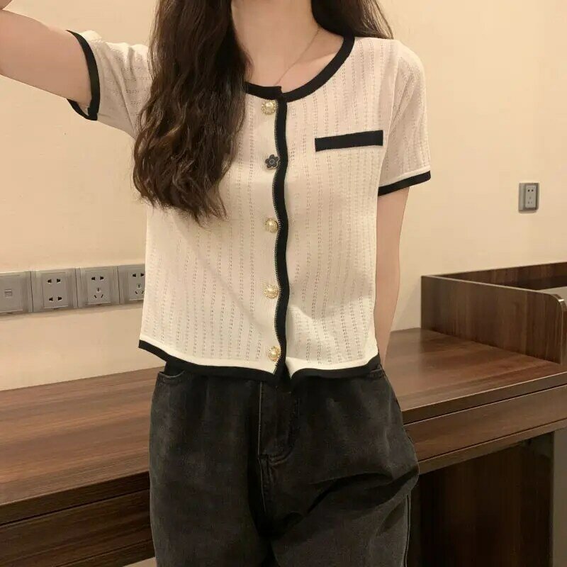 Button Ribbed O Neck Cardigan Women Korean Style Harajuku Short Sleeve Casual Patchwork Chic Elegant Tee White T Shirts Girl Top