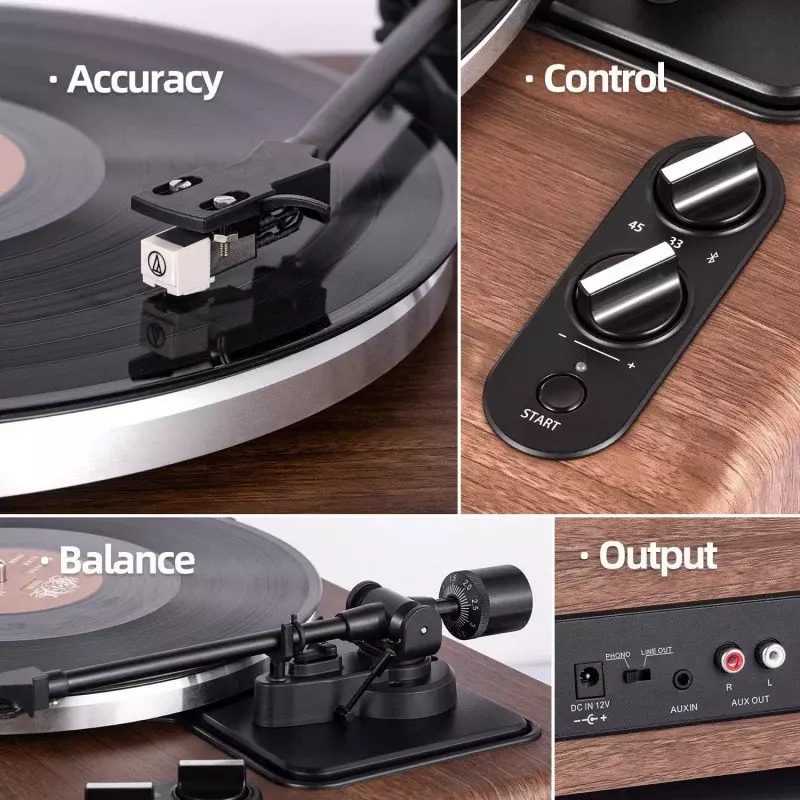 1 by ONE High Fidelity Belt Drive Turntable with Built-in Speakers, Vinyl Record Player with Magnetic Cartridge, Bluetooth Playb