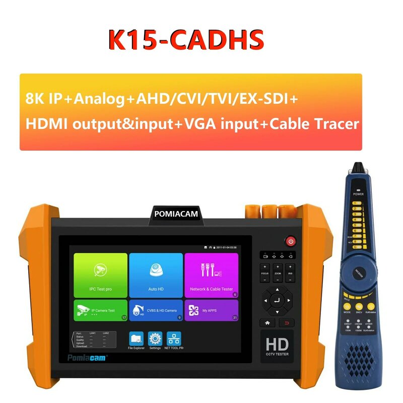 K15-CADHS Tester CCTV kamera Tester IP 7 inch IPS layar sentuh 8K kamera tes 8MP AHD CVI TVI SDI CVBS tes VGA & HDMI Input