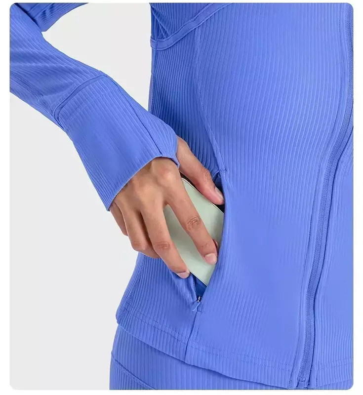 Lemon Women Ribbed Cropped Define Stand Neck Sports Jacket Utdoor Lightweight Breathable High Elastic Fitness Yoga Coat