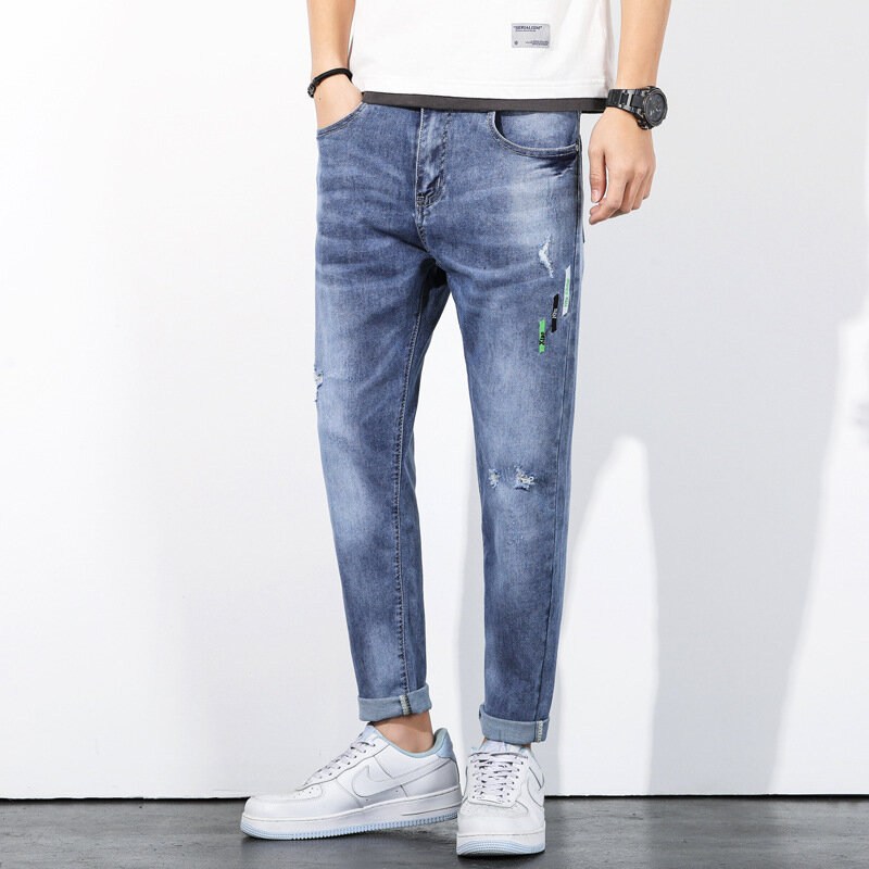 Moda casual algodão colos calças de brim masculino fino ajuste panst alta qualidade jeans rasgados para roupas masculinas