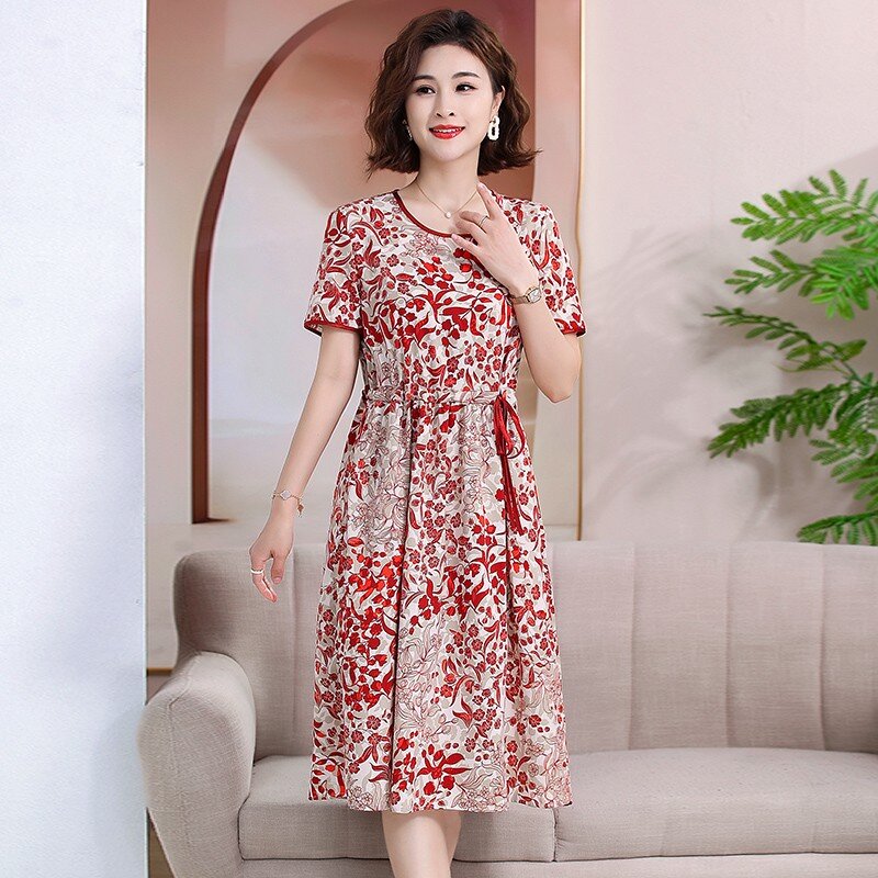 Vestido largo con estampado Floral para mujer, ropa informal holgada con cordón, elegante, de verano, 2024