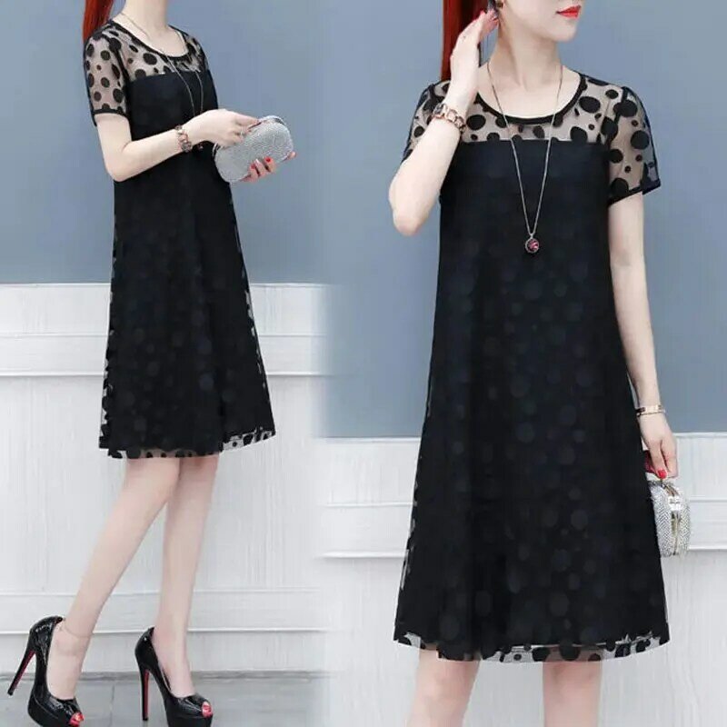 Summer New Gauze Patchwork Midi Dress Korean Polka Dot Fashion Hollow Out Female Clothing O-Neck Fake Two Pieces A-Line Dresses
