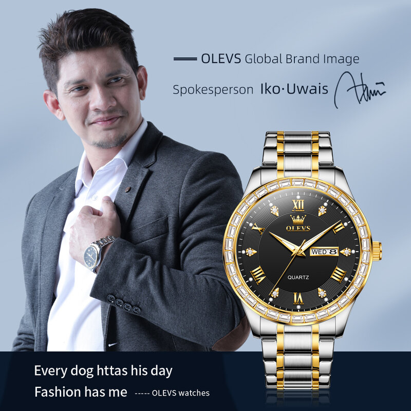 OLEVS-Relógio masculino impermeável de aço inoxidável, quartzo semana calendário, diamante luminoso, relógio de pulso vestido de luxo original