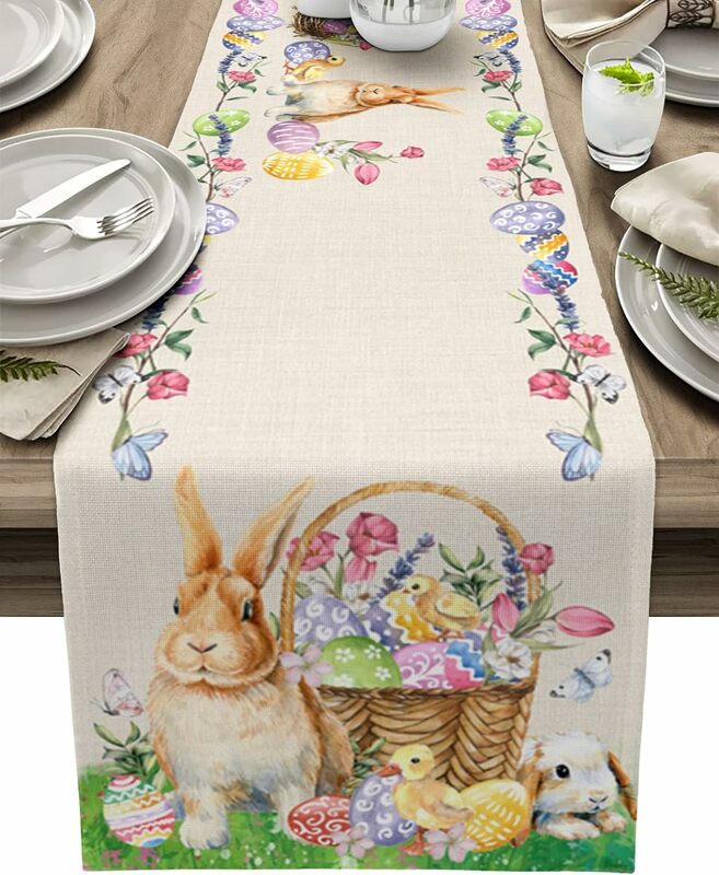 Taplak meja Linen Paskah kelinci, pegas, warna-warni, dekorasi meja pertanian, dekorasi meja makan, dekorasi Paskah