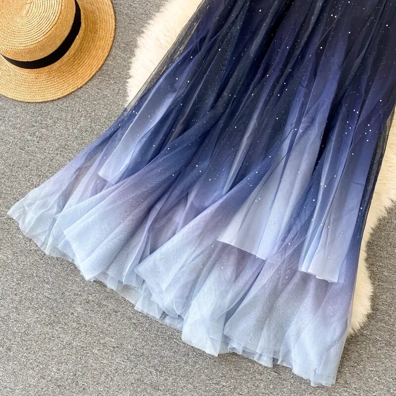 Korean Style Star Sequin Skirt High Waist Long Skirt Blue Evening Party Sexy Skirts Womens Faldas Sparkling Skirt Saia Plissada