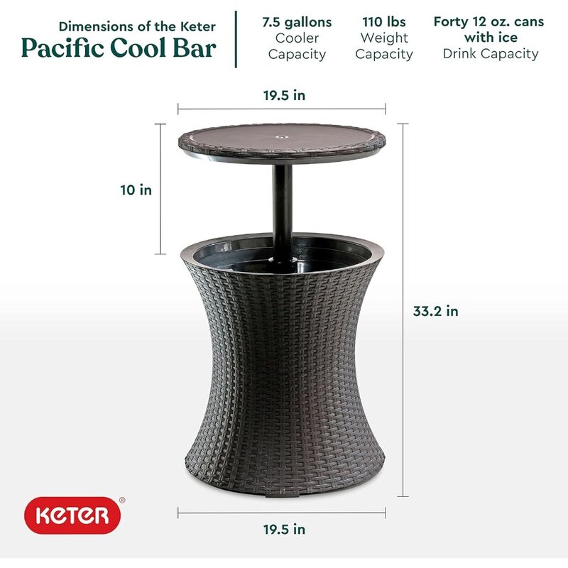 Keter Pacific Cool Bar Outdoor Patio Furniture and Hot Tub Side Table with 7.5 Gallon Beer and Wine Cooler,