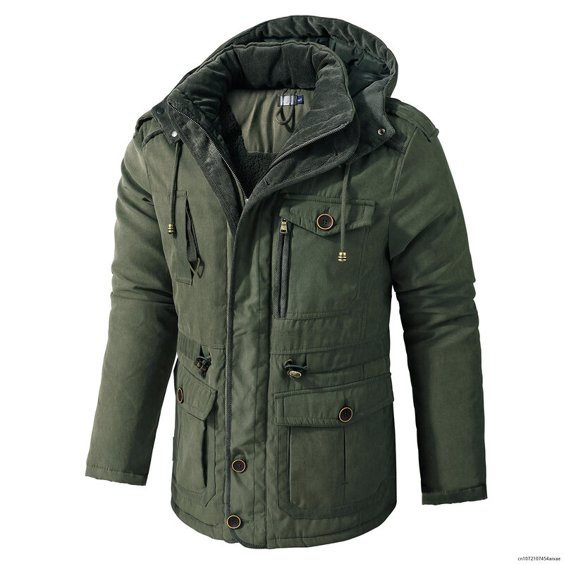 Novo inverno grosso quente jaqueta masculina casual grosso com capuz à prova de vento parka cor sólida plus size multi bolso jaqueta de lã