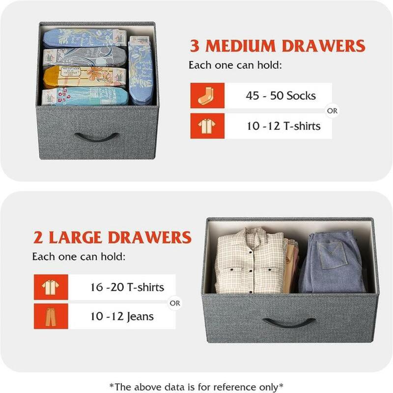 K! Dresser for Bedroom with 5 Drawers, Wide Chest of Drawers, Fabric Dresser, Storage Organizer Unit with Fabric Bins for Closet