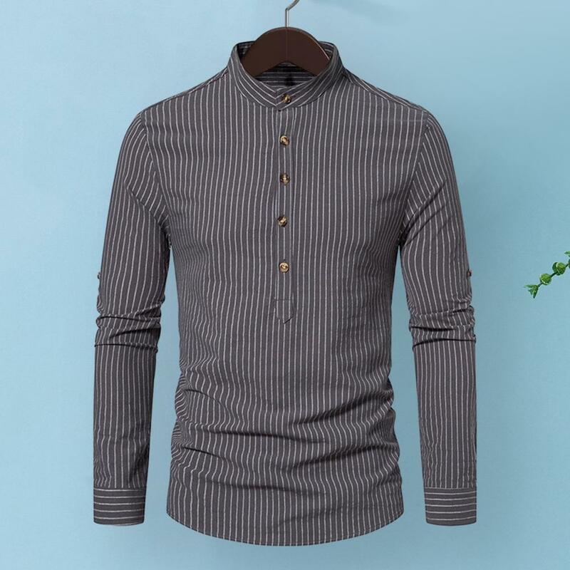 Camisa de negócios masculina com gola alta, top elegante, listrada, slim fit, manga longa, respirável, outono