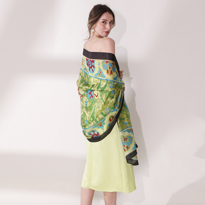 Sciarpa di seta 100% donna stampata sciarpa di seta floreale blu donna Hangzhou tutte le stagioni elegante morbido scialle lungo avvolgere primavera