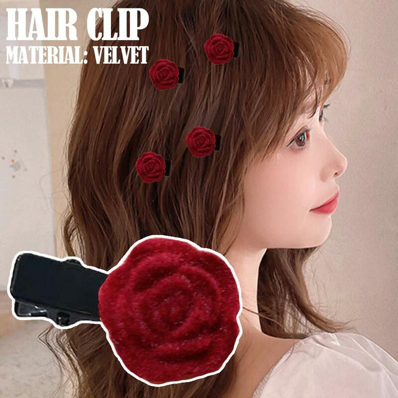 Korean Red Velvet Rose Hair Clips For Women Small Flower Hairpins Girls Elegant Hair Clip Pin Barrettes Wedding Hair Access B0Q7