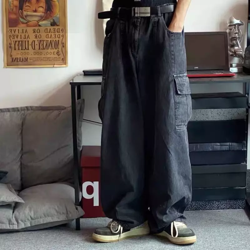 Calças jeans largas pretas masculinas largas largas, calças jeans masculinas, calças cargo grandes, streetwear coreano, calças hip hop, Harajuku