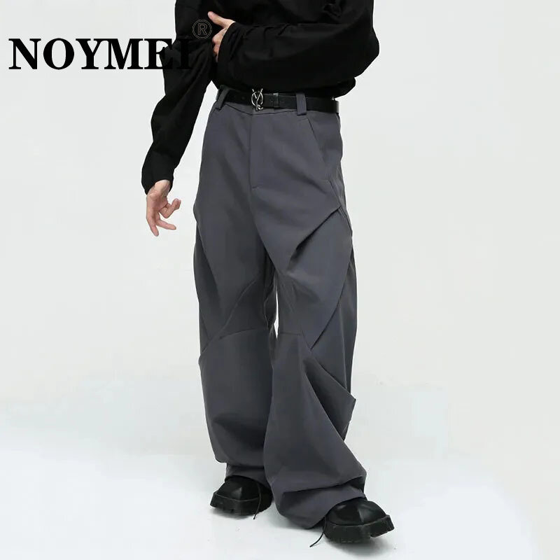 NOYMEI Men's Trousers Solid Color Niche Design Pleated Splice Loose Trend Male Casual Baggy Pant Wide Leg High Street WA3288