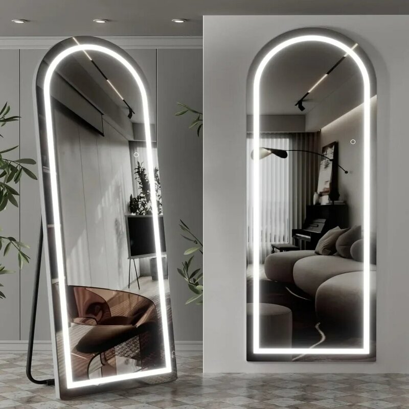 Miroir LED Full Length avec supports, miroir arqué sur pied, mural, corps entier en cuir, chambre à coucher, sol, grande pièce
