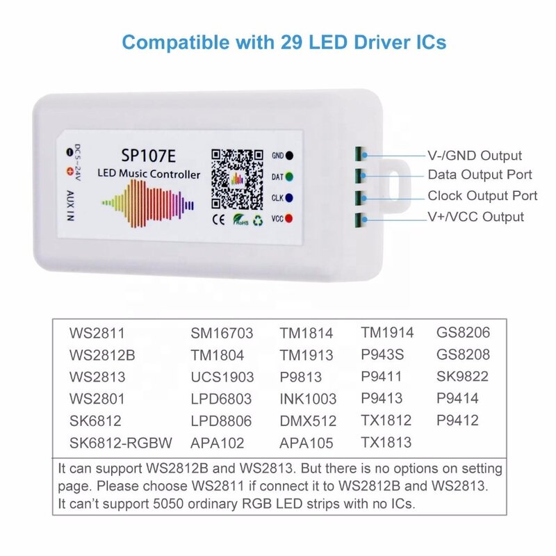 Smart SP107E Bluetooth Pixel Pengendali Musik LED untuk Ws2812b SK6812 Beralamat Individual LED Fleksibel RGB Strip DC5V-24V