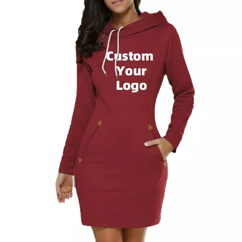 Kustom Logo Anda gaun Hoodie serut lengan panjang wanita dengan saku mode ramping bertudung Pullover Sweatshirt Gaun