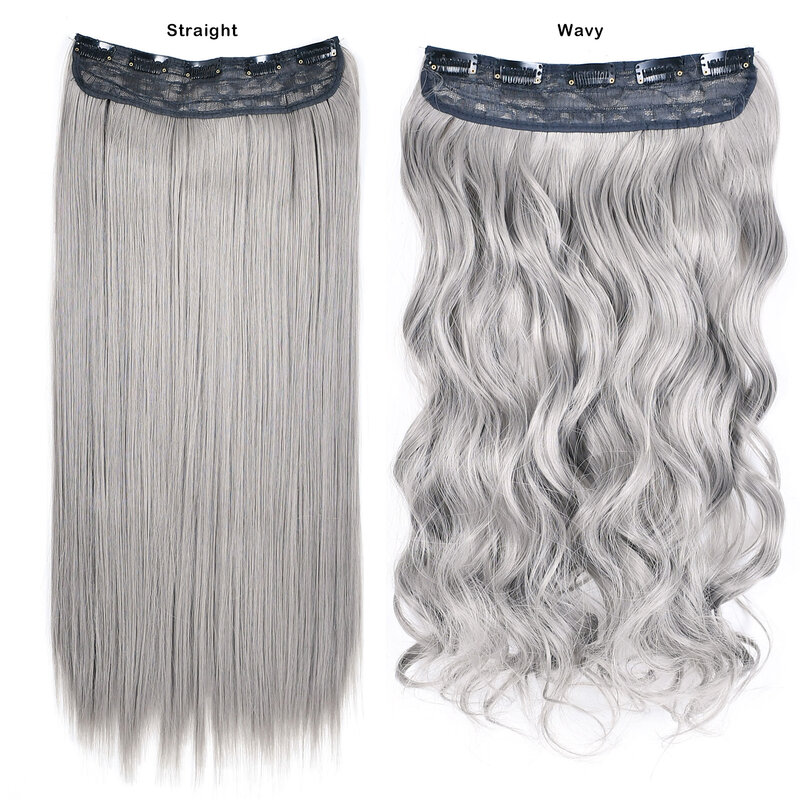 وصلة شعر صناعية للفتيات ، قطعة شعر طويلة متموجة مستقيمة ، لون رمادي أسود ، 5 مقاطع ، 1: