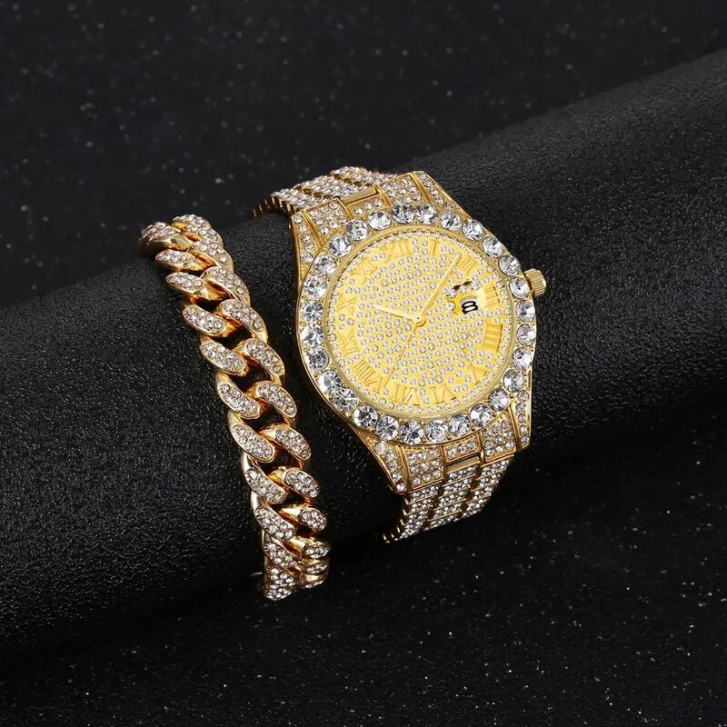 남녀공용 다이아몬드 시계, 골드 시계, 여성용 손목 시계, 럭셔리 라인석, 남녀공용 팔찌 시계