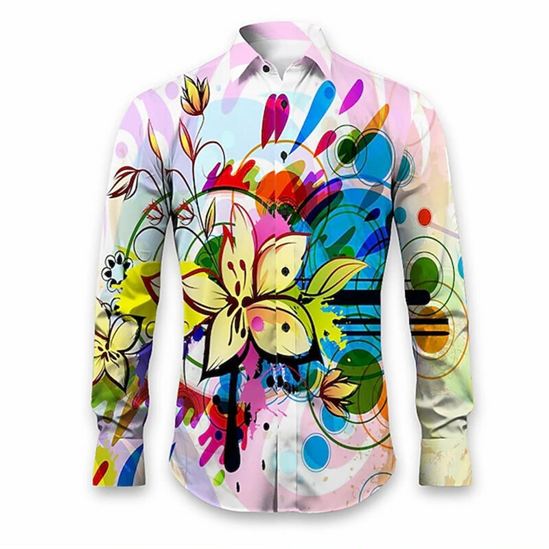 Camisa de manga comprida com estampa de plantas e flores masculina, tops lapela, blusas single-breasted, roupa casual, streetwear, nova