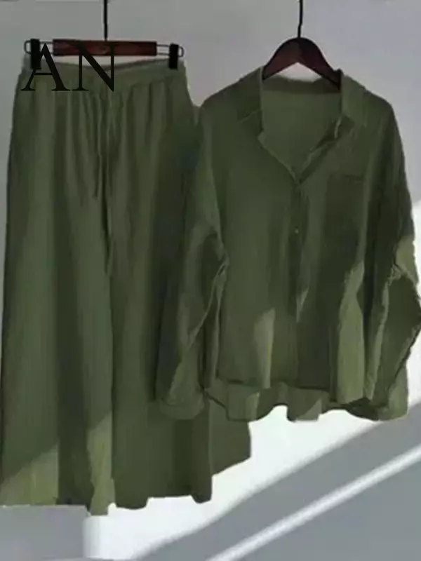 เสื้อสเวตเตอร์ผ้าฝ้ายและผ้าลินิน2022โอเวอร์ไซส์แบบย้อนยุค2ชิ้นพร้อมกางเกงสแล็คเอวสูง