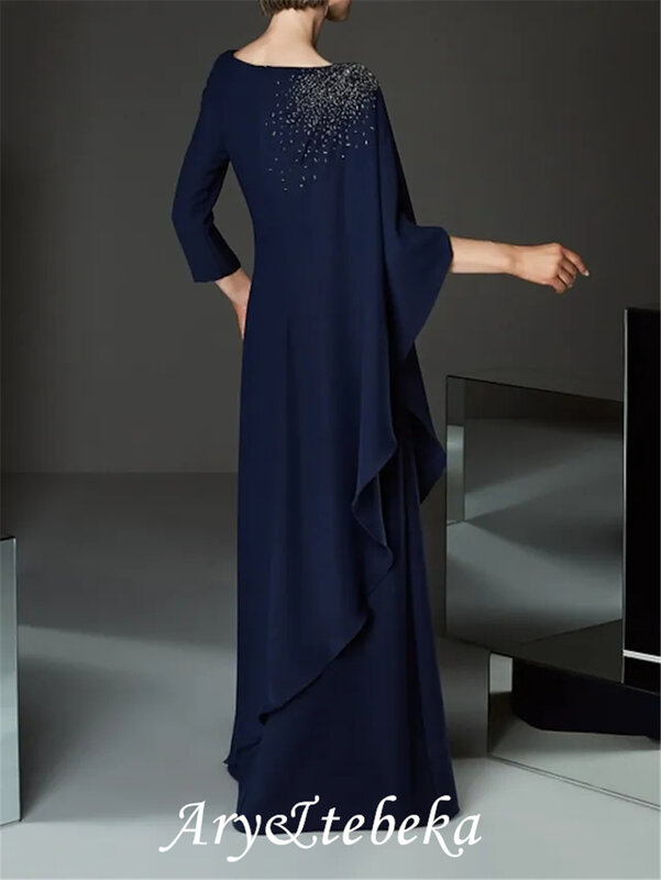 Gaun Ibu dari Pengantin Wanita Ukuran Plus Elegan Bateau Leher Lantai Panjang Sifon Setengah Lengan dengan Manik-manik
