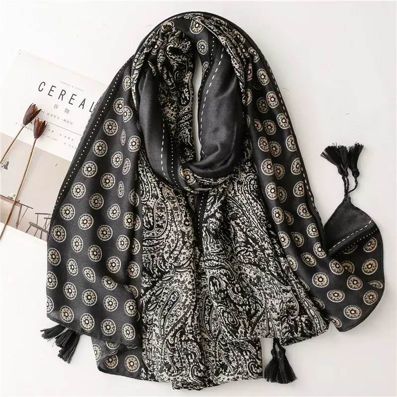 Lenço de algodão de linho macio feminino Premium Foulard luxuoso, estampa de leopardo manchado longo, lenços borla, 2022