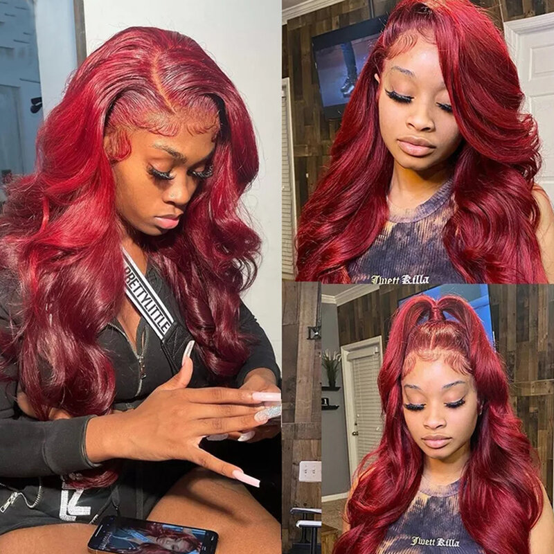 Perruque Lace Front Wig Body Wave Remy Brésilienne Naturelle, Cheveux Humains, Couleur Rouge Bordeaux 99J, 13x6, Transparent HD, pour Femme