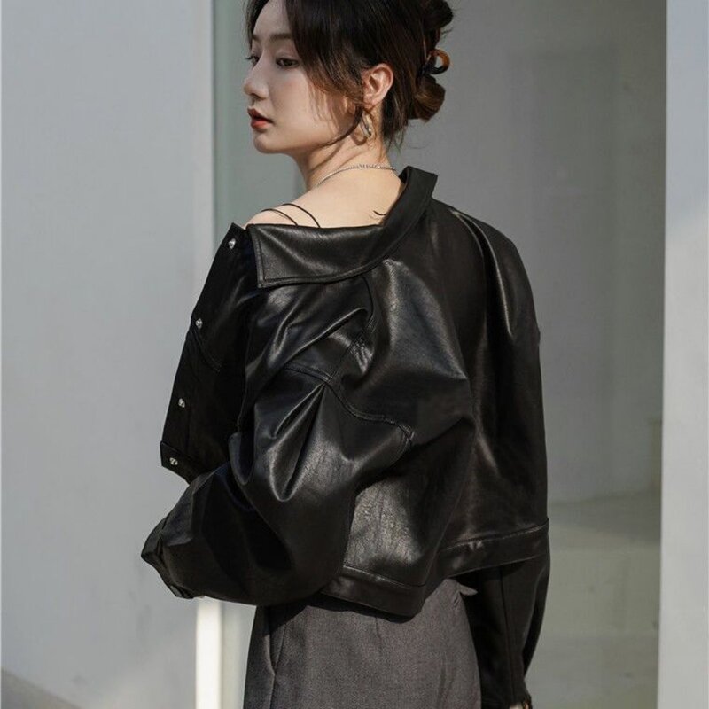 Jaqueta de couro falso de manga comprida feminina, jaqueta de motocicleta, moda coreana, tops cortados de botão, jaqueta bomber, primavera, outono
