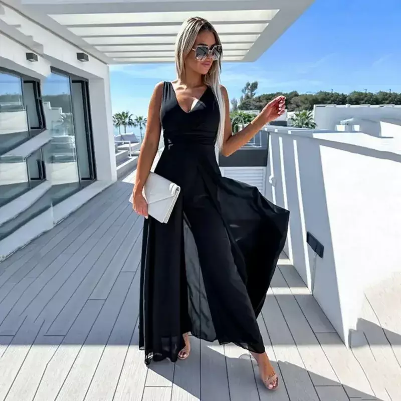 Sexy V-neck Women Prom Jumpsuit Solid Color Wide Leg Sleeveless Breathable High Waist Elegant Lady Playsuit Female Clothes OFE10