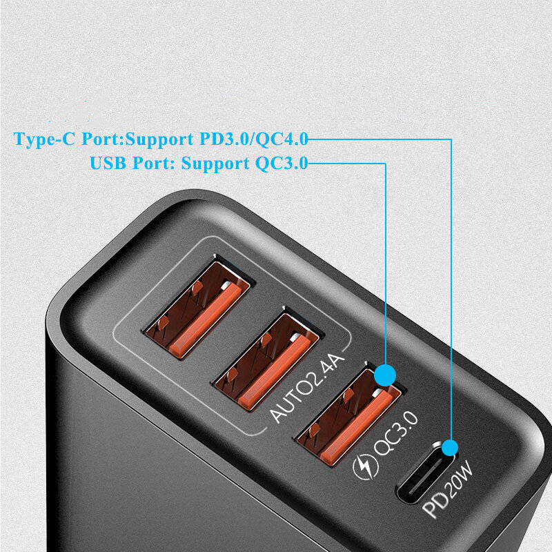 Cargador USB C 60W Cargador de carga rápida 4 puertos PD Tipo C Quick Charge3.0 Adaptador de corriente de pared para iphone Xiaomi Cargadores de teléfono Samsung