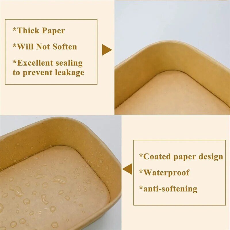 Tigelas de papel kraft com tampas Quadrado Recipientes de alimentos de papel descartável Tigelas de sopa para restaurantes e comida, Produto personalizado