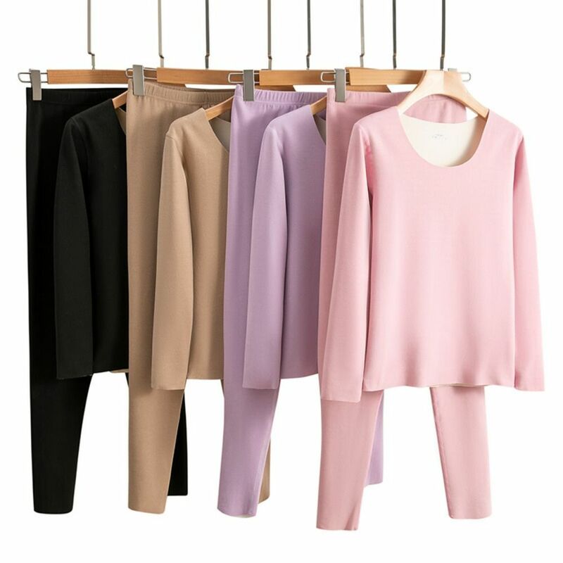 Nahtlose O-Ausschnitt Deutsch Fleece einfarbige Hosen koreanischen Stil Nachtwäsche Frauen Thermo Unterwäsche Long Johns Set elastische Unterwäsche