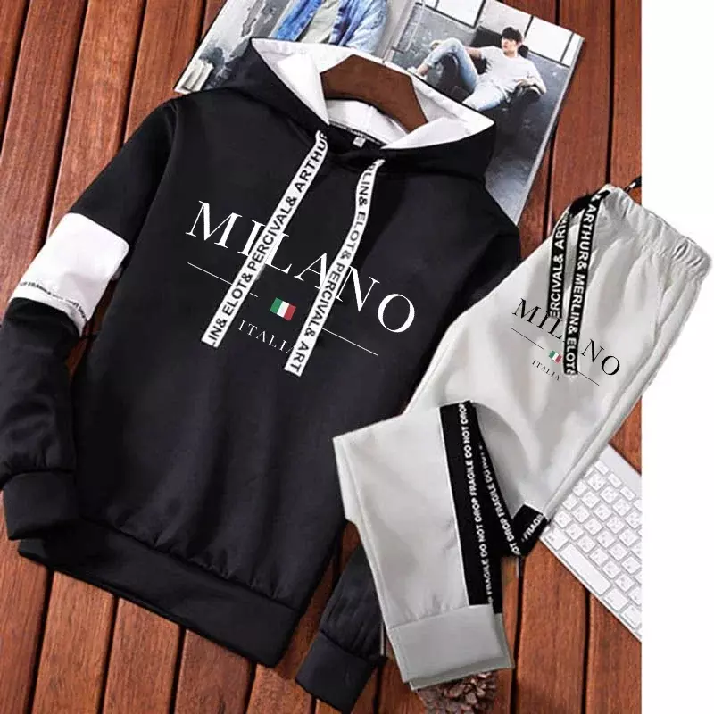 Men Luxury Tracksuit High Quality Hoodie + Sweatpants Set Letter Print Pullover Hooded Sweater Tops Jogging Pants 2024 New