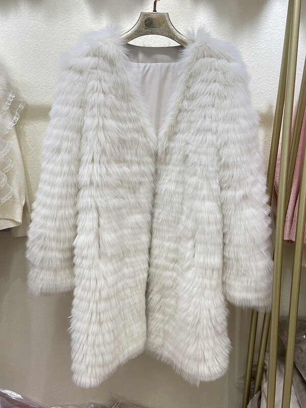 Women Winter Fashion Fox Fur Long Jacket Strip Sewed Toghter Real Fox Fur Long Outerwear Coat Length 95cm