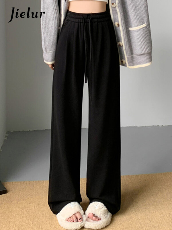 Jielur-Pantalon Décontracté Taille Haute pour Femme, Poches à Lacets, Slim, à la Mode, Bureau, Chic, Jambes Larges