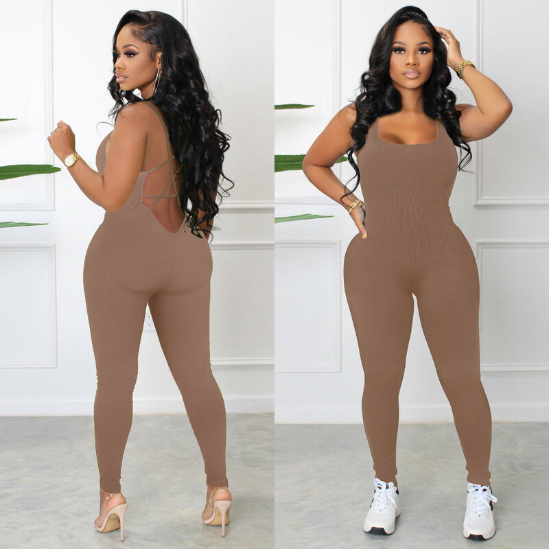 Women's Sports Style Hollow Back Bodysuit Yoga Jumpsuit with Chest Pad Honey Peach Hip Flare Pants New Spring Sports Style
