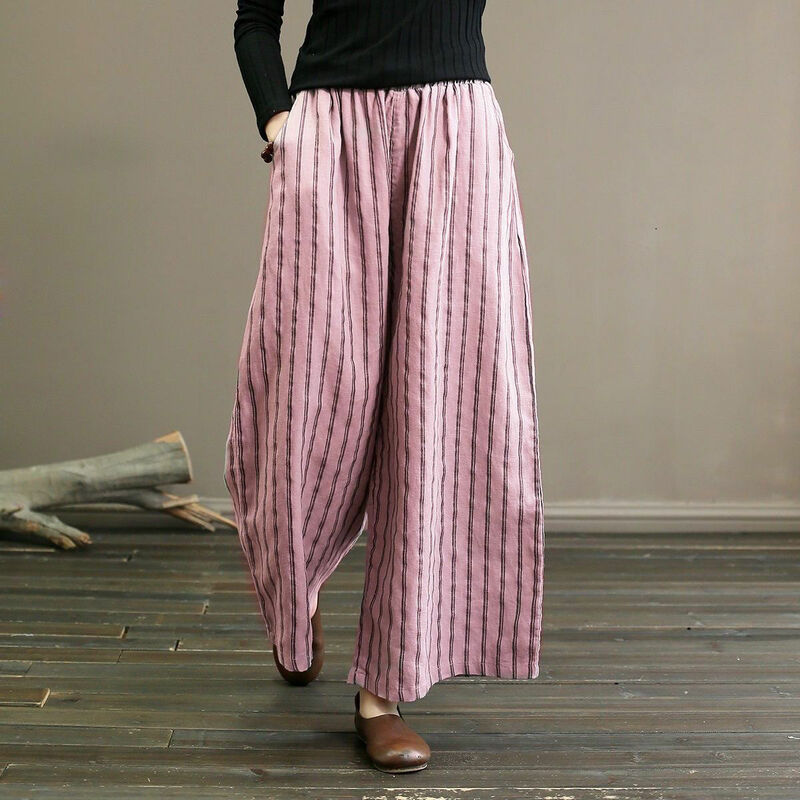 Pantalones informales de lino para mujer, pantalón de pierna ancha a rayas con bolsillo de cintura alta, Color liso, ropa holgada de verano, 2024