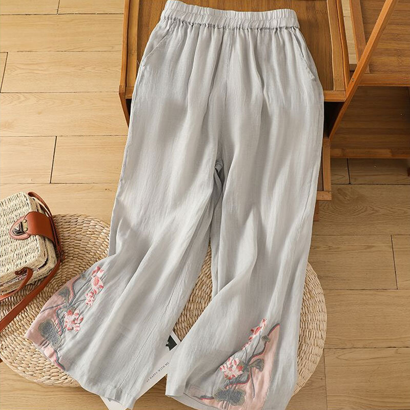 Casualowe modny haft spodnie ludowe w stylu Vintage lato szerokie nogawki luźna odzież damska wysoka talia elastyczny, w stylu Basic spodnie z kieszeniami
