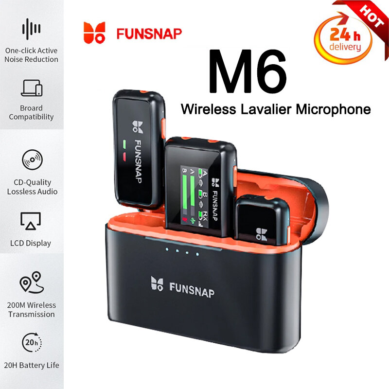 FUNSNAP-M6 Microfone Condensador de Lapela sem fio, iPhone Smartphone Android, iPhone Pads, Câmera para Transmissão do YouTube