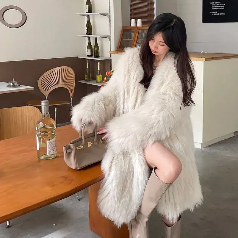 Bontjas Herfst Winter Nieuwe Koreaanse Elegante Luxe Imitatie Vossenbont Jas Vrouwen Warm Gewatteerde Lange Wollen Overjas Top Kleding