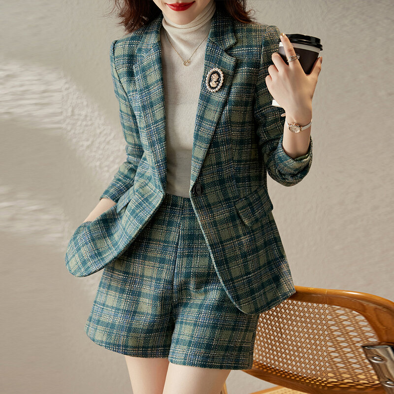 Traje elegante de 2 piezas para mujer, conjunto de chaqueta y pantalones cortos informales con estampado ajustado y una hilera de botones, estilo coreano, primavera 2023