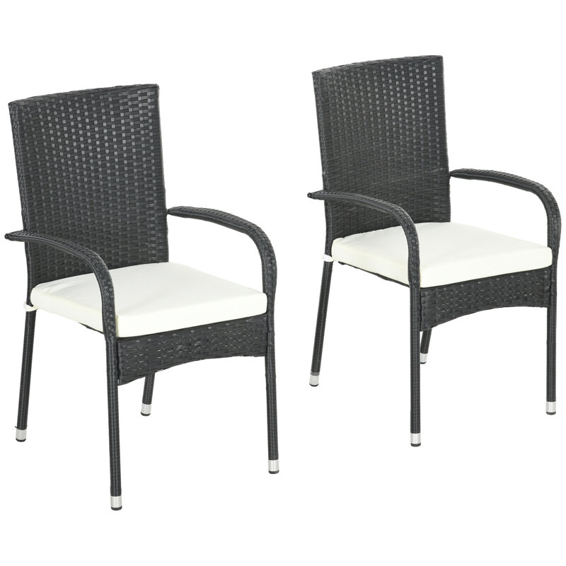 Chaises de salle à manger en rotin PE empilables avec coussins, accoudoirs et dossier, confortable, blanc crème, pont extérieur, lot de 2