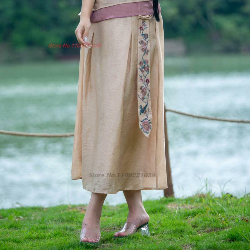 Винтажная юбка-трапеция в стиле Харадзюку, с цветочной вышивкой, юбка из хлопка и льна с эластичным поясом, Восточная Этническая Свободная юбка, 2024