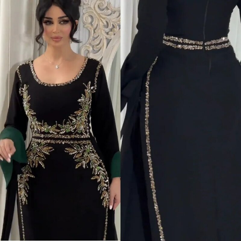 Gaun Prom malam Jersey Arab Saudi gaun malam berlian imitasi leher O acara Bespoke gaun Midi Gaun
