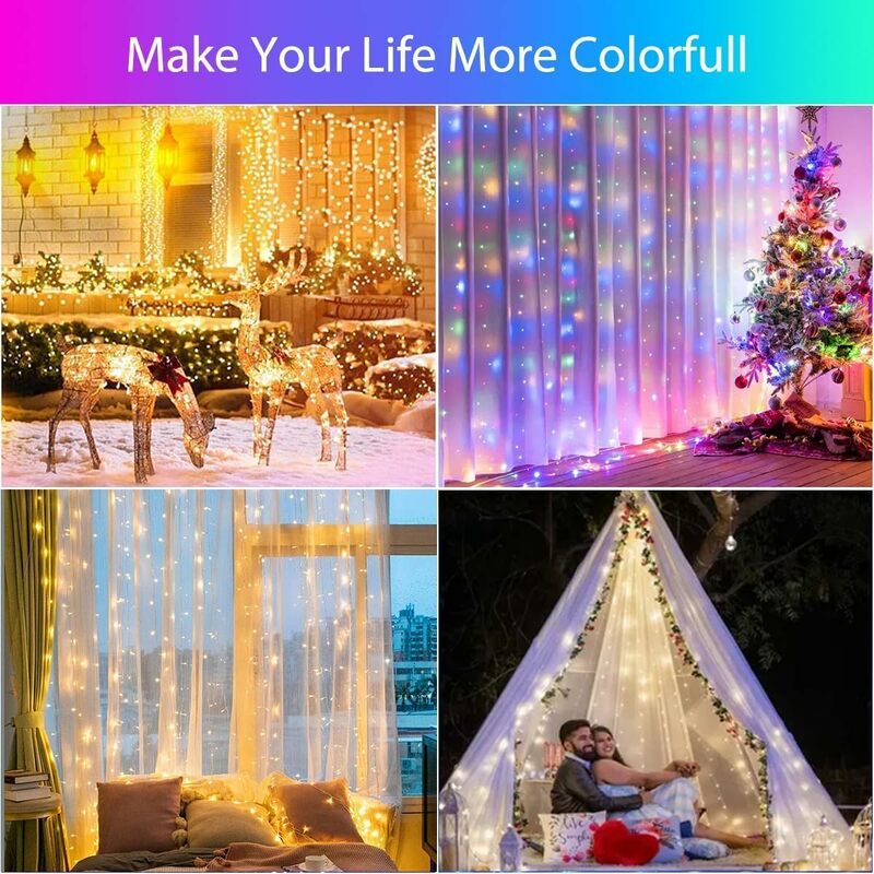 Lampu setrip LED cerdas RGB, lampu dekorasi Natal aplikasi Remote USB, tirai karangan bunga 3M, lampu peri untuk pernikahan liburan kamar tidur luar ruangan