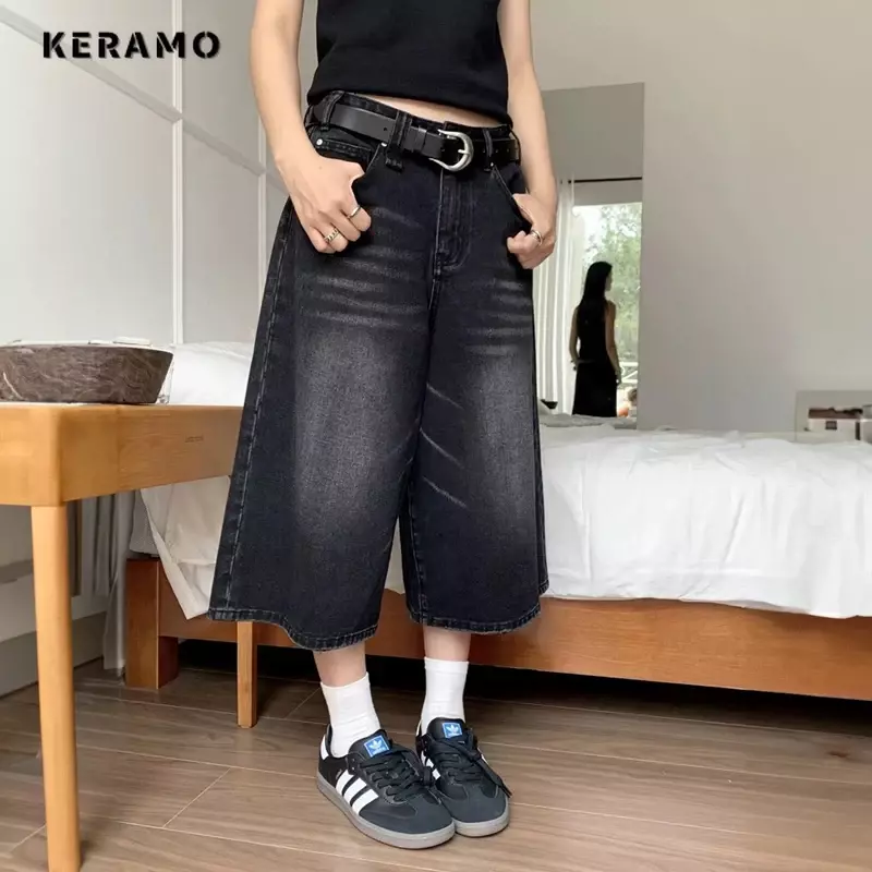 Shorts jeans largos estilo Y2K preto feminino, calça curta de perna larga, cintura alta, jeans até o joelho, lavagem escura, moda casual, feminino